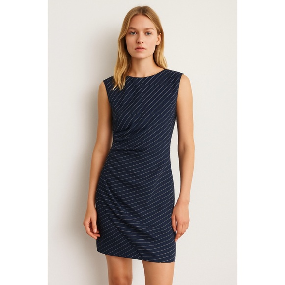 Mango Dresses & Skirts - NWT • Mango • Navy Pinstripe Draped Sheath Dress in Navy Blue